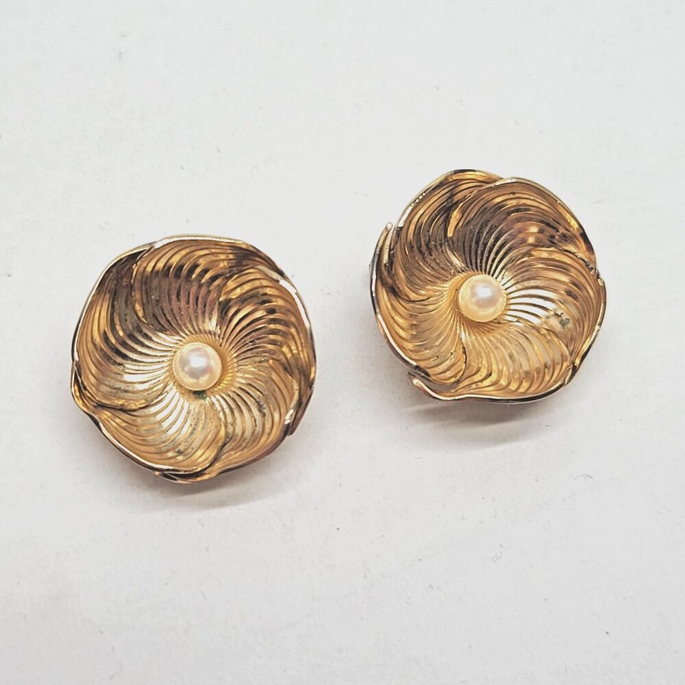 Napier sterling silver 925 clip on earrings gold tone 3D floral pearl modernist
